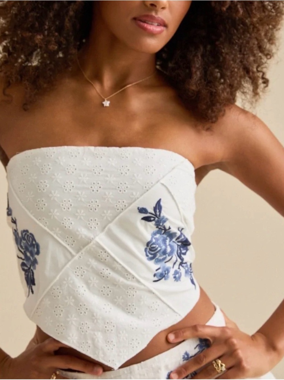 Altar'd State White Strapless Eyelet Top with Blue Floral Embroidery